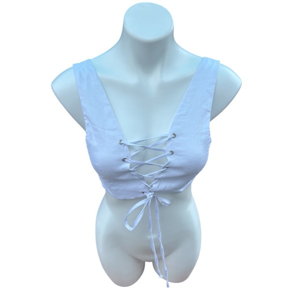 Olivaceous Women’s Shape White Plunge Front Lace Up Corset Top in Linen Size L - Picture 3 of 7